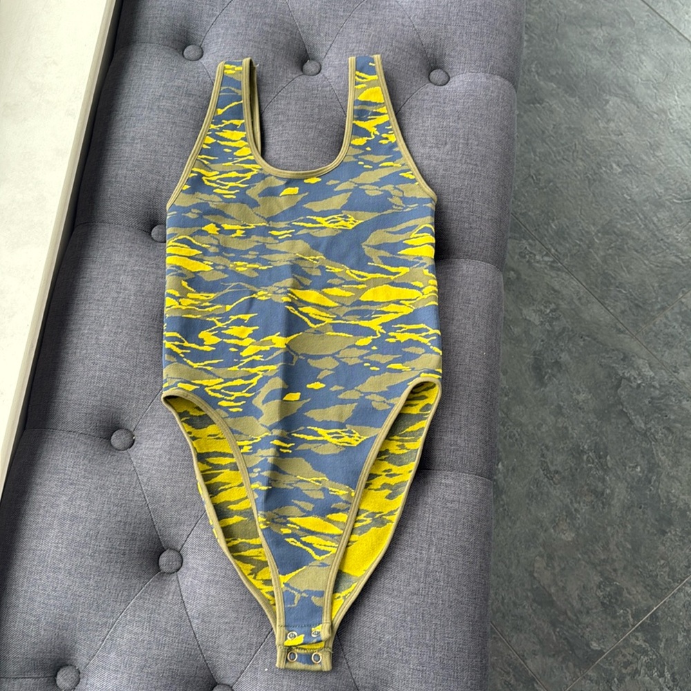 Fabletics camo bodysuit, size small